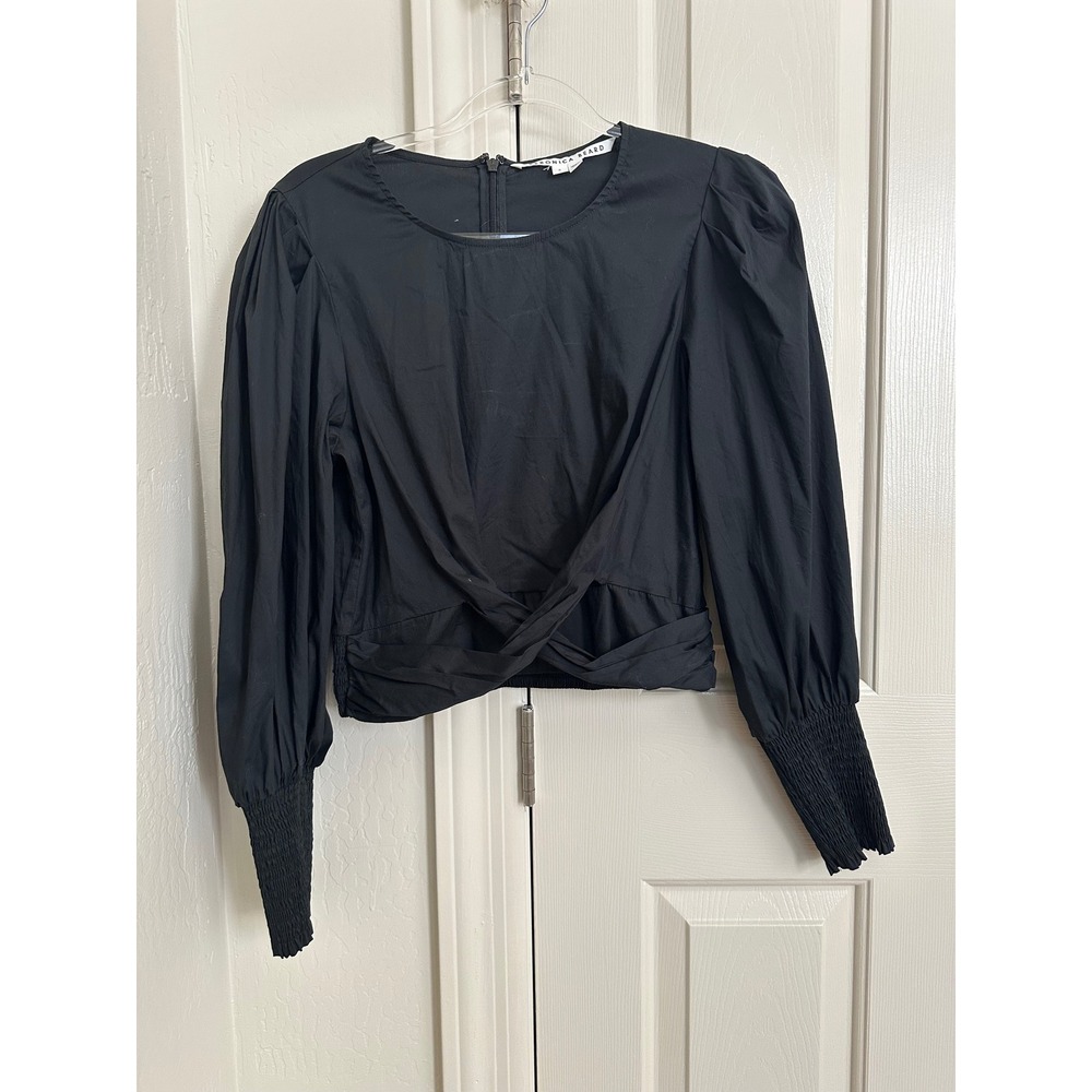 Veronica Beard Nyla Twist Front Crop Blouse Black Smocked Cuff Top 6